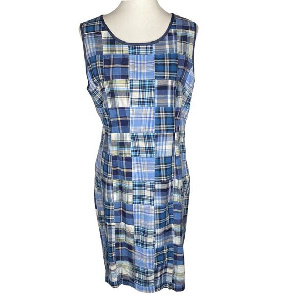 Orvis Madras Plaid Patchwork Shift Dress Blue Sleeveless 14 Cottagecore Country - Picture 1 of 16